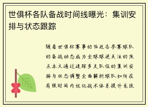 世俱杯各队备战时间线曝光：集训安排与状态跟踪
