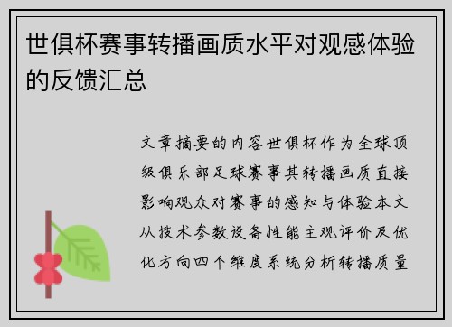 世俱杯赛事转播画质水平对观感体验的反馈汇总